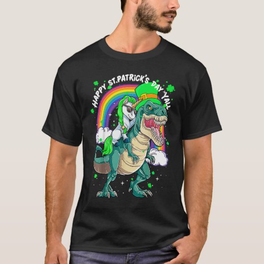 Rainbow Unicorn Riding rex Dinosaur happy St patri Tシャツ (正面)