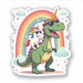 Rainbow Unicorn Riding T rex - Dinosaur Boys Girls シール (正面)