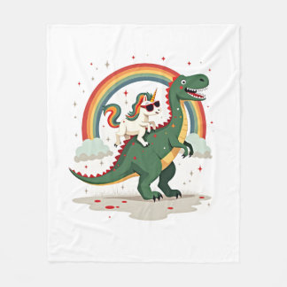 Rainbow Unicorn Riding T rex - Dinosaur Boys Girls フリースブランケット