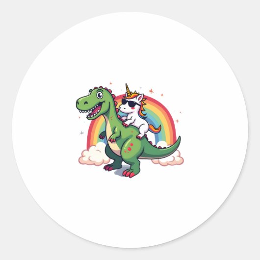 Rainbow Unicorn Riding T rex - Dinosaur Boys Girls ラウンドシール (正面)