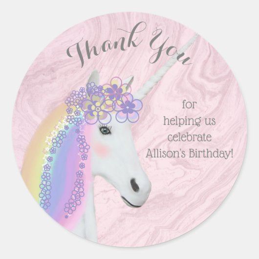 Rainbow Unicorn Thank You Stickers ラウンドシール (正面)