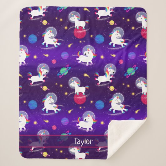 Rainbow Unicorns In Space Purple Ombre シェルパブランケット (正面)