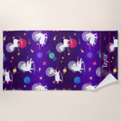 Rainbow Unicorns In Space Purple Ombre ビーチタオル (正面)