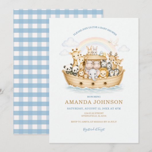 Rainbow Watercolor Animals Noah Ark 招待状 (正面/裏面)