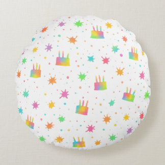 Rainbow Watercolor Birthday Cake Colorful Paint ラウンドクッション
