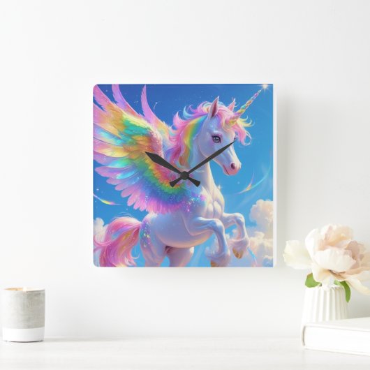 Rainbow Winged Prancing Unicorn スクエア壁時計 (ホーム)