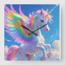 Rainbow Winged Prancing Unicorn スクエア壁時計