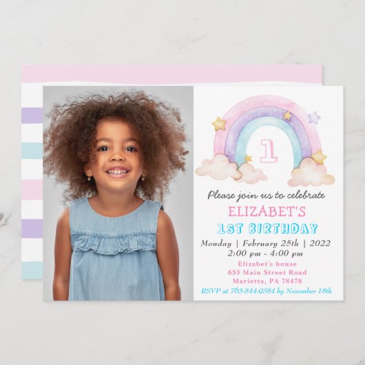 Rainbow with Your Photo誕生日 招待状 (正面/裏面)