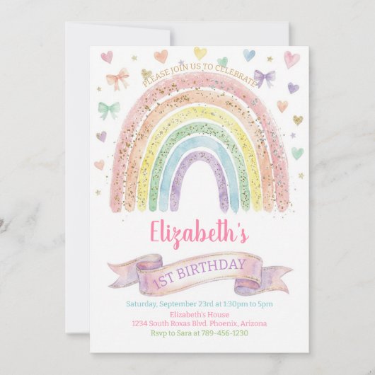 Rainbows and Hearts First Birthday Invite Pastel 招待状 (正面)