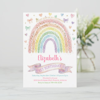 Rainbows and Hearts First Birthday Invite Pastel 招待状