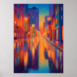 Rainy City Street Pointillism Lights ポスター