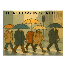 Rainy City Walkers with Umbrella Heads Seattle Art フォトプリント