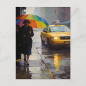 Rainy Day Abstract Woman A Rainbow Umbrella Taxi ポストカード (正面)