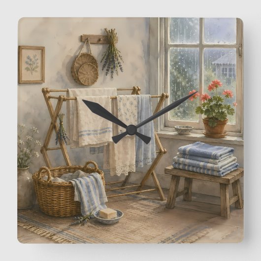 Rainy Day Cottage Laundry Room スクエア壁時計 (正面)