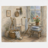 Rainy Day Cottage Laundry Room フリースブランケット (正面(横))