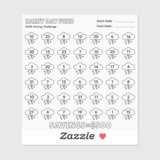 Rainy Day Fund 500$ Savings Challenge予算案 シール (シート)