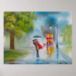 RAINY DAY KISSING COUPLE TRAM UMBRELLA ポスター