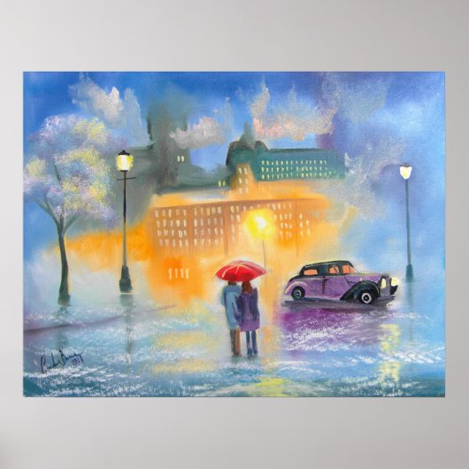 Rainy day red umbrella romantic couple walk ポスター (正面)