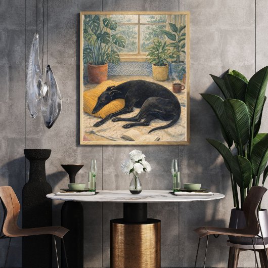 Rainy Day Serenity with Sleeping Black Greyhound ポスター