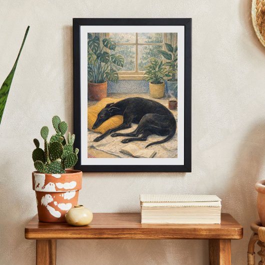 Rainy Day Serenity with Sleeping Black Greyhound ポスター