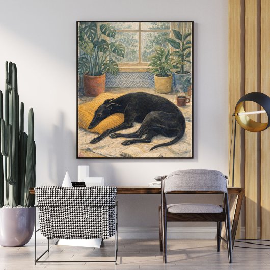 Rainy Day Serenity with Sleeping Black Greyhound ポスター