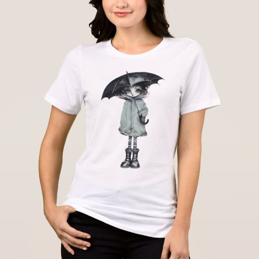 Rainy Day Vibes Tee – ミニマリスト傘ガールアート トライブレンドTシャツ (正面)