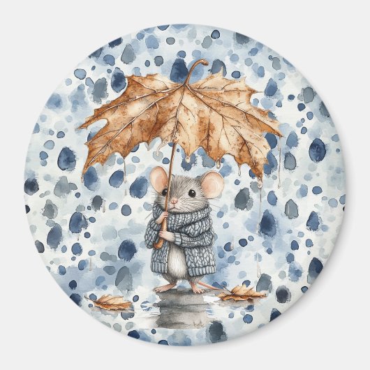 Rainy Days Blue Mouse Leaf Umbrella マグネット (正面)