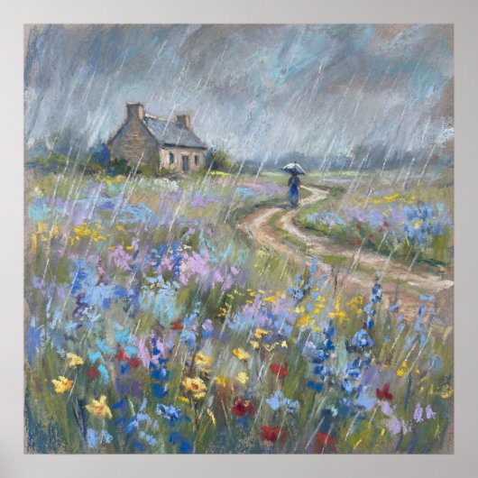 Rainy Garden Stroll - Pastel Painting Style Art ポスター (正面)