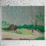 Rainy Morning Henri Rousseau, Vintage Fine Art ジグソーパズル<br><div class="desc">A Rainy Morning, Un Matin de Pluie (c 1896) by Henri Rousseau is a vintage post impressionism fine art nature painting. Rolling hills with trees swaying in the breeze while it's raining. A landscape featuring a person holding an umbrella walking in the rain towards some industrial buildings or a factory...</div>