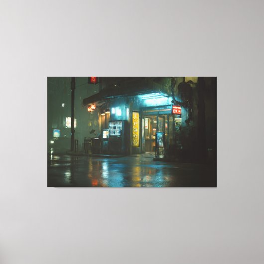 Rainy Neon Japanese Corner Store キャンバスプリント (正面)