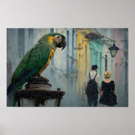 Rainy Romance with Parrot – Parrot on Lamp in Rain ポスター