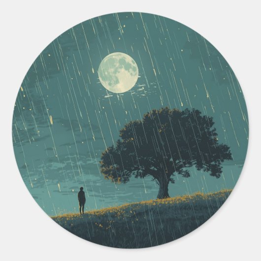 Rainy Solitude – Lonely Person & Tree Illustration ラウンドシール (正面)