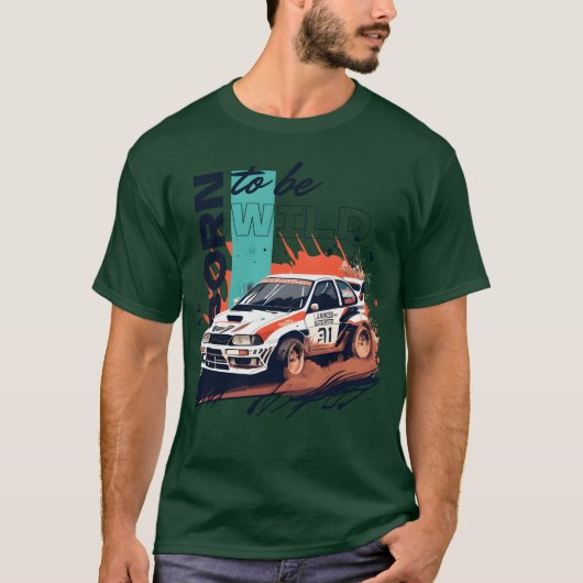 Rally competition car in a race kicking up dust gi tシャツ (正面)