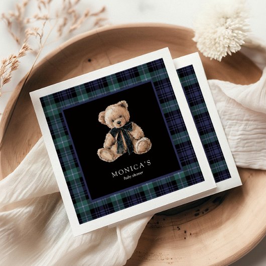 Ralph Teddy Bear Navy Green Plaid Baby Shower スタンダードカクテルナプキン