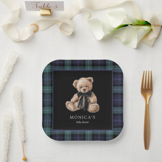 Ralph Teddy Bear Navy Green Plaid Baby Shower ペーパープレート (ウェディング)