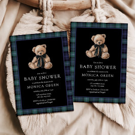 Ralph Teddy Bear Navy Green Plaid Baby Shower 招待状