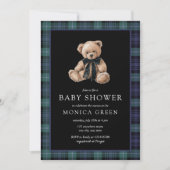 Ralph Teddy Bear Navy Green Plaid Baby Shower 招待状 (正面)