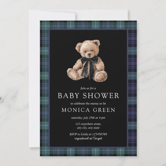 Ralph Teddy Bear Navy Green Plaid Baby Shower 招待状 (正面)