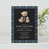 Ralph Teddy Bear Navy Green Plaid Baby Shower 招待状 (スタンド正面)