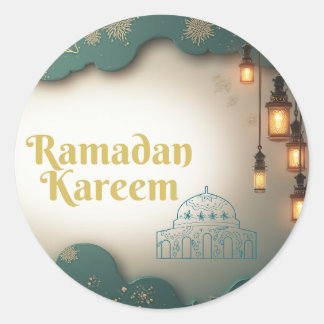 Ramadan Elegance Green & Gold Lanterns and Mosque  ラウンドシール