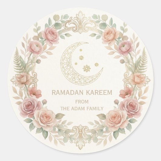 Ramadan Kareem Blush Floral Lantern ラウンドシール (正面)