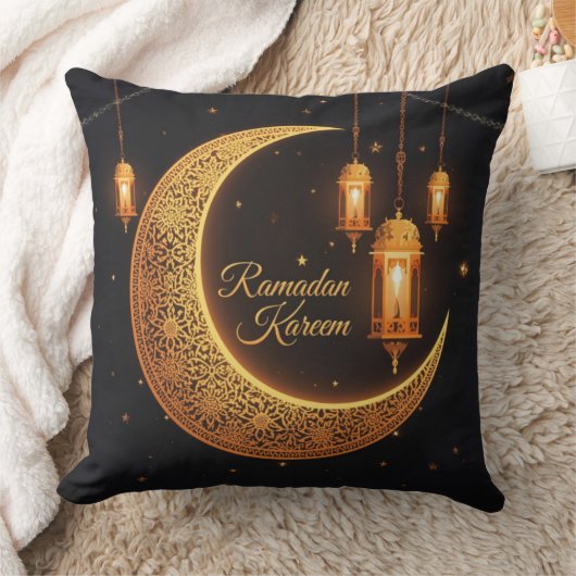 Ramadan Kareem Crescent & Lanterns Pillow クッション (ブランケット)