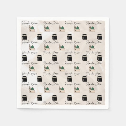 Ramadan Kareem Napkins – Kaaba & Masjid al Nabawi スタンダードカクテルナプキン (正面)