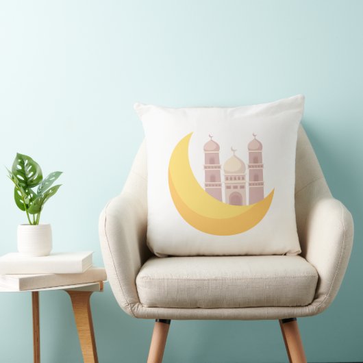 Ramadan Minimalist Mosque with Moon Throw Pillow クッション (椅子)