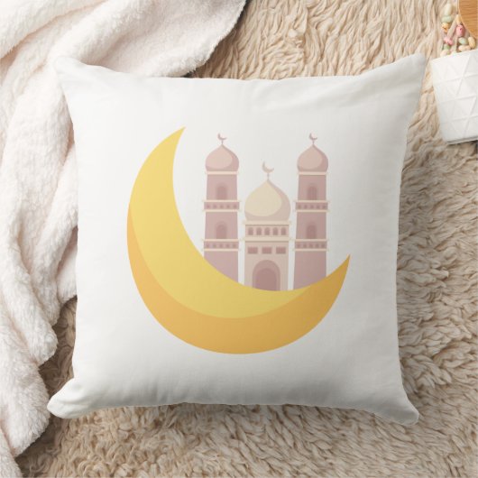 Ramadan Minimalist Mosque with Moon Throw Pillow クッション (ブランケット)