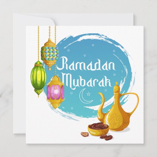 Ramadan Mubarak Colorful Lanterns, Dates & Teapot シーズンカード (正面)