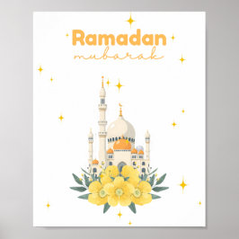 Ramadan Mubarak Mosque Yellow Flowers Wall Print ポスター
