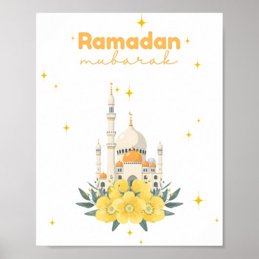 Ramadan Mubarak Mosque Yellow Flowers Wall Print  ポスター (正面)