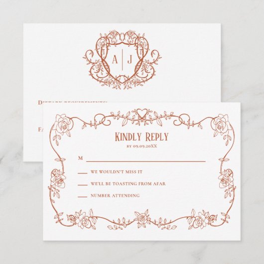 Rambling Rose テラコッタ 結婚式 招待状, 出欠カード (正面/裏面)