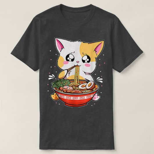 Ramen Eating Cat Kawaii Anime Baka Japanese  Tシャツ (デザイン正面)